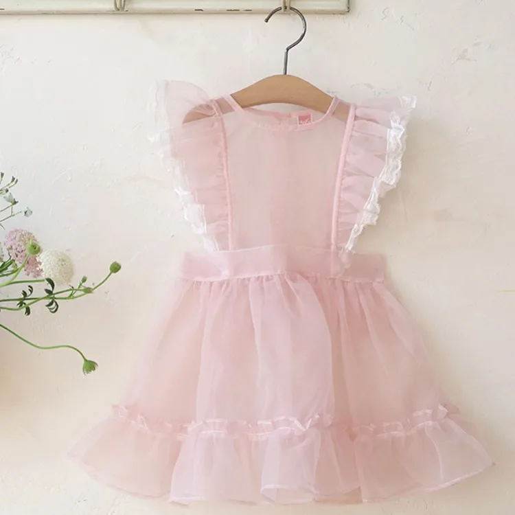 Children Clothing Spring Autumn 2024 New Fashionable Casual Korean Style Girls Solid Color Princess Bow Sweet Apron Dress