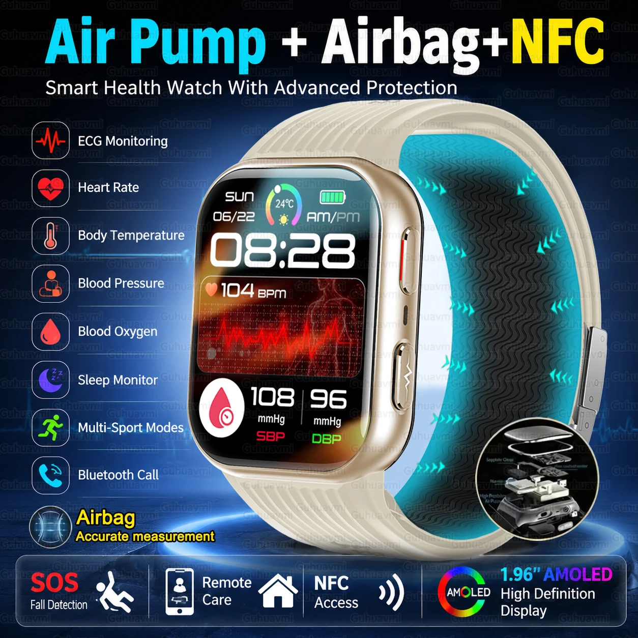 

2026 New Air Pump Health Smart Watch 1.96"AMOLED HD Screen Accurate Blood Pressure Bluetooth Call NFC Smartwatch For Android iOS