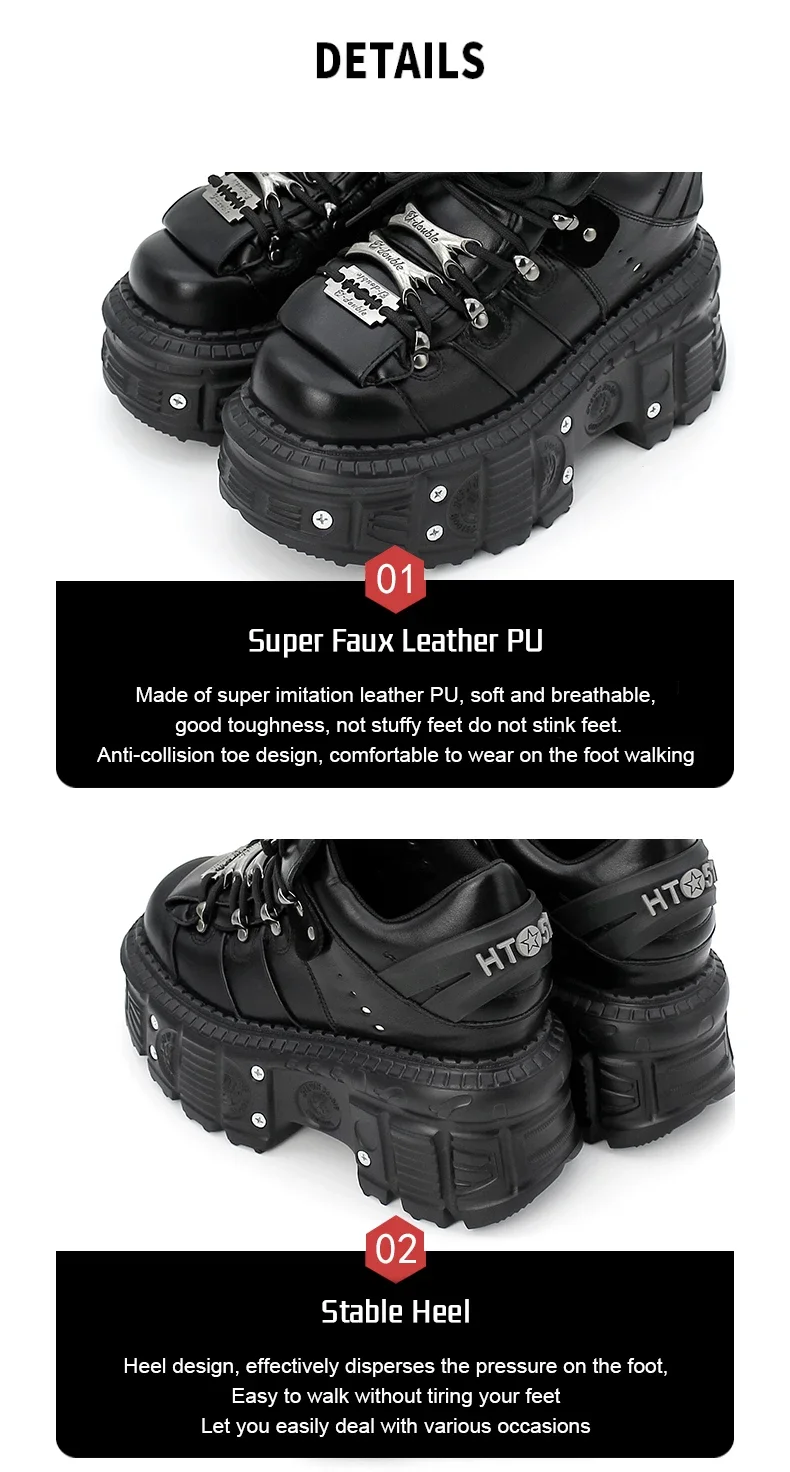 2026 Neue Punk-Style Damenschuhe Schnürschuhe mit 6 cm Absatzhöhe Plateauschuhe Damen Gothic Knöchelstiefel Rock-Stiefel mit Metallverzierung Damen-Sneaker – Detail 7
