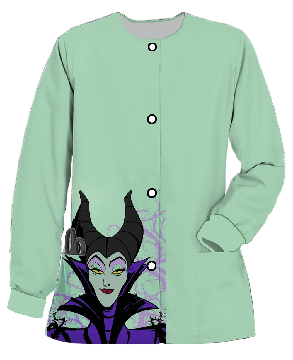 Maleficent Disney series printed long-sleeved round-neck cardigans, button work clothes, women\'s beauty salon nursing clothes