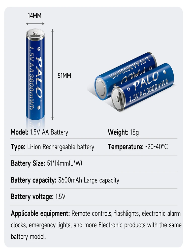 PALO 1.5V AA USB Lithium Battery 3600mWh Li-ion Rechargeable Battery For Cameras Electric Toys Manufacturers Direct Sales