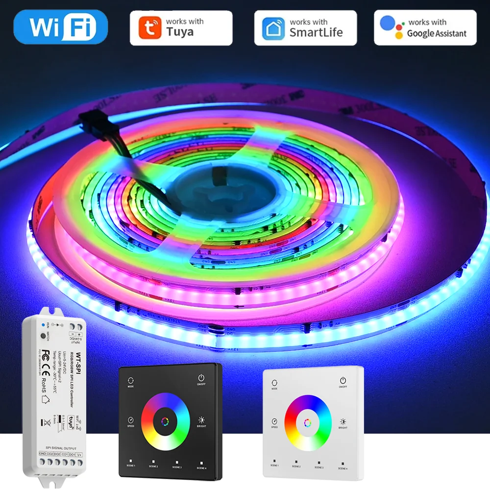 10m 20m Tuya WiFi COB RGBIC LED Strip 24V Running Water Flowing Room Light Decor 2.4G Touch Remote for Alexa Google SmartThings