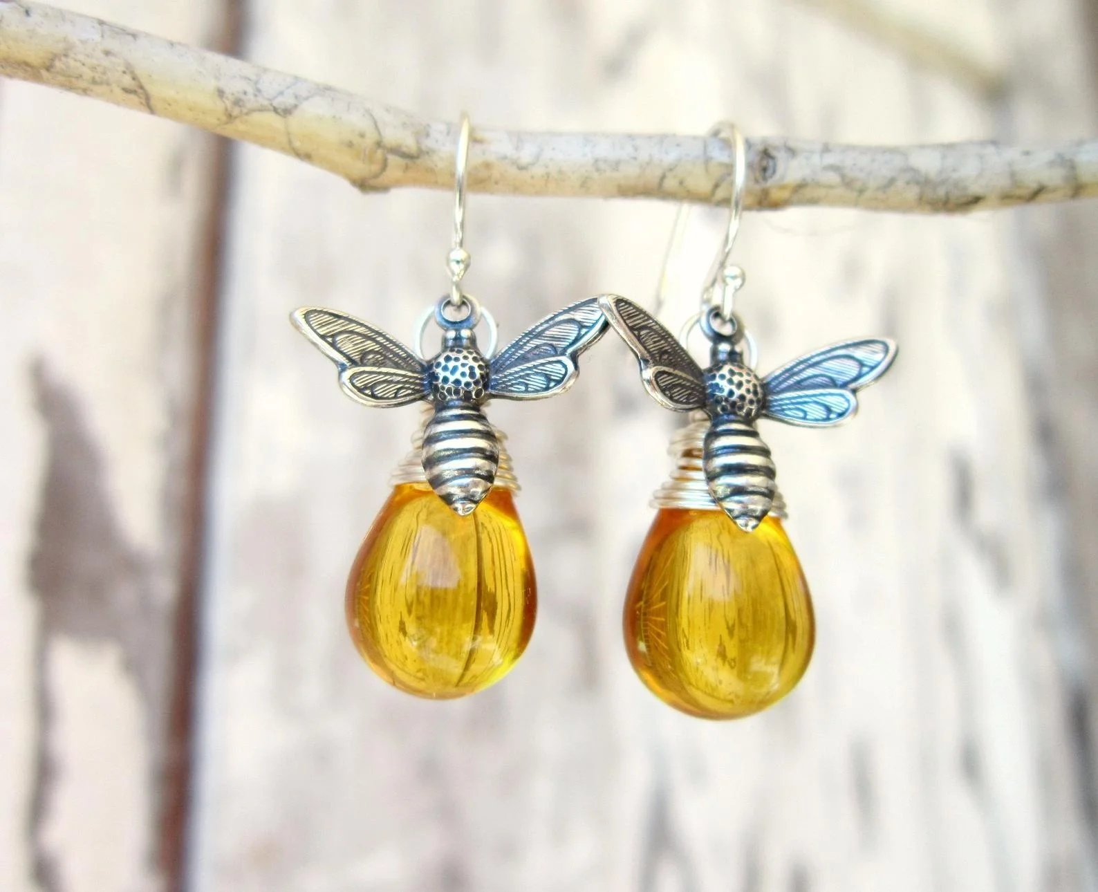 Silver Honey Bee Earrings. Honey Bee Jewelry. Wire Wrapped Drops Honey Amber Earrings