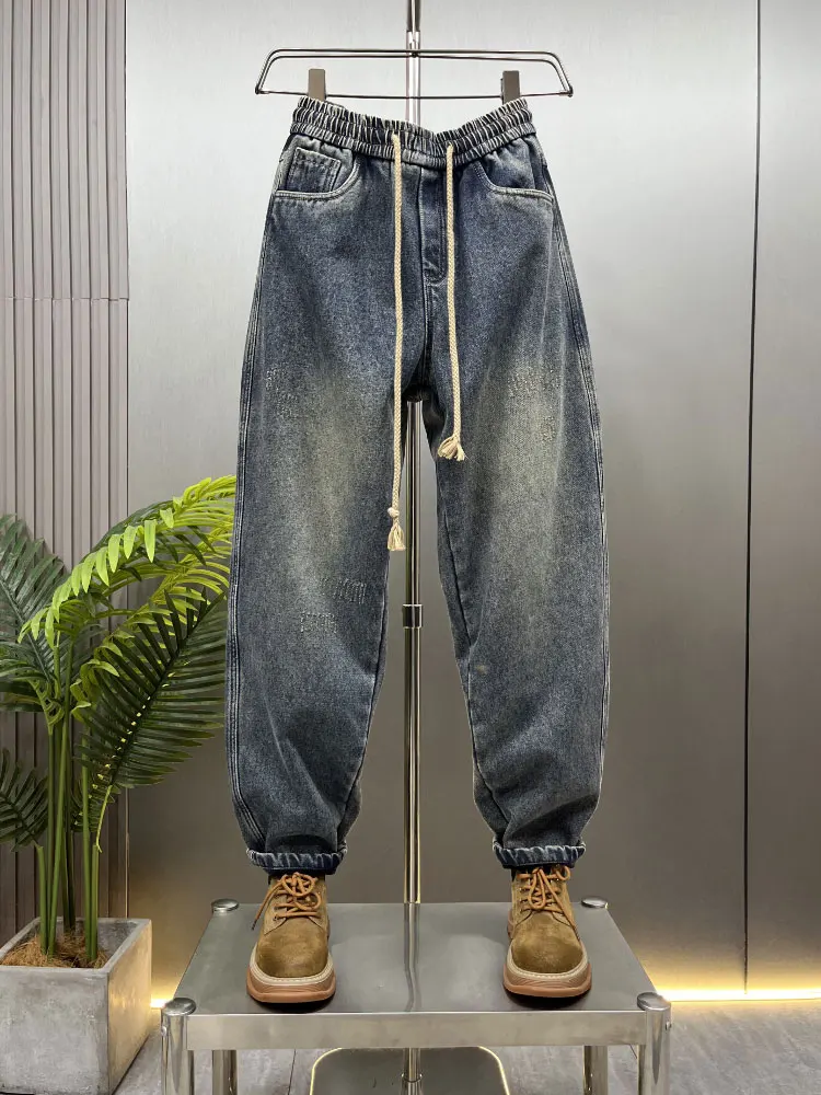 

Autumn Winter Lightweight Luxury Vintage Washed Blue Denim Jeans Fleece Lined Casual Long Pants Men Versatile Loose Wide Leg ...