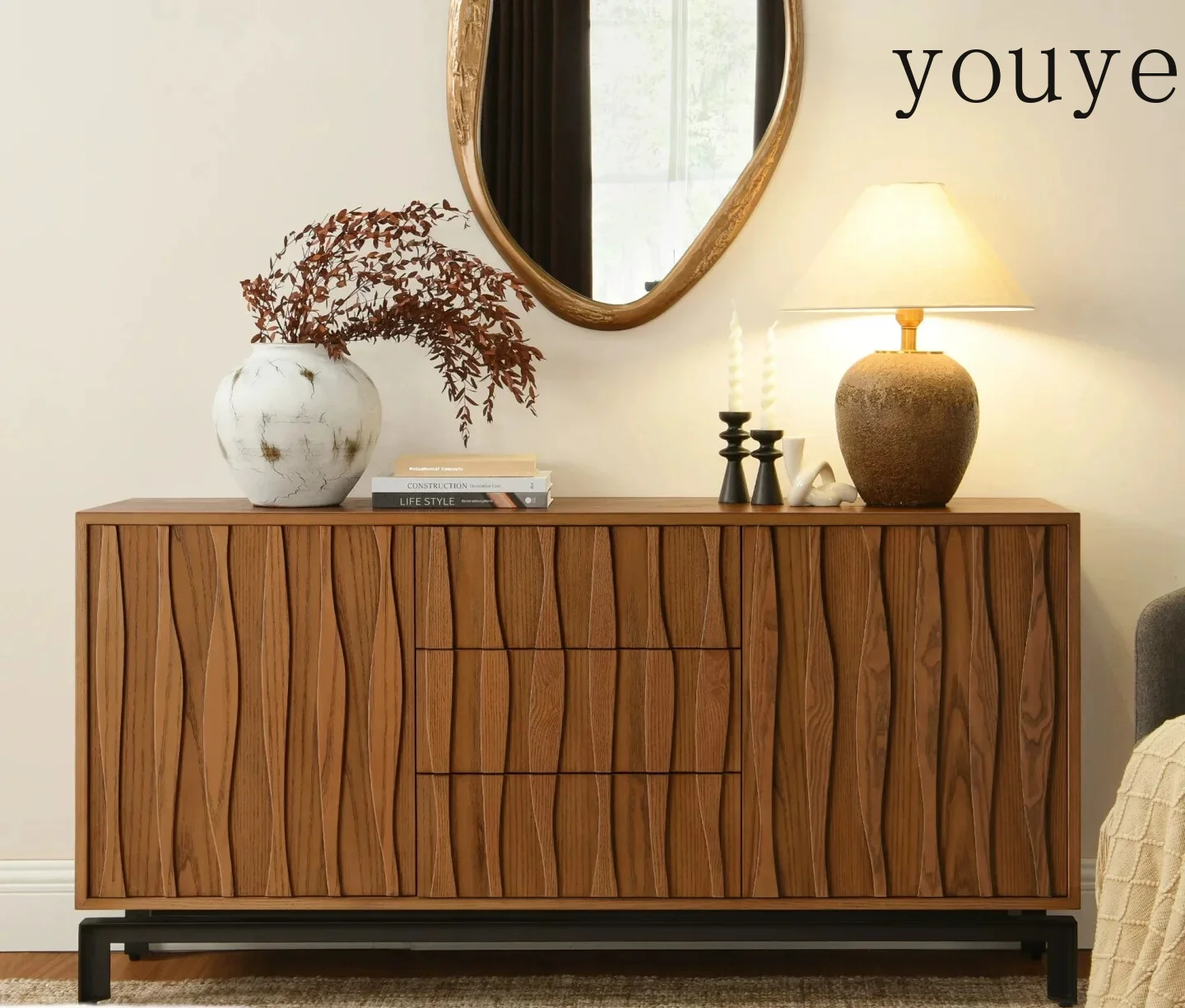Modern simple solid wood dining side cabinet, antique designer living room storage locker, wave door panel locker