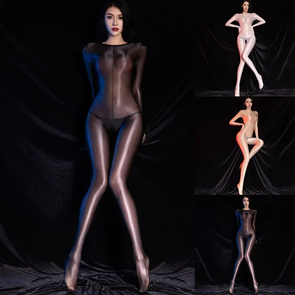 Women See Through Jumpsuit Lingerie Ultra Thin Oil Shiny Crotchless Long Sleeve Pantyhose Sheer Bodysuit Body Stocking Underwear