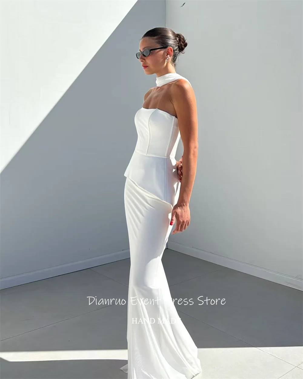 Dianruo White Elegant Long Evening Dresses Strapless Satin Bodycon Abendkleider Hochzeit Ribbons Mermaid Prom Gowns Customized
