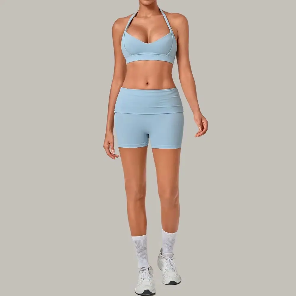 Women Fitness Set Sexy Bra Shock-absorbing Underwear Quick Drying Rolled Hip Shorts Sports Set Fitness Exercise Cycling Yoga Set