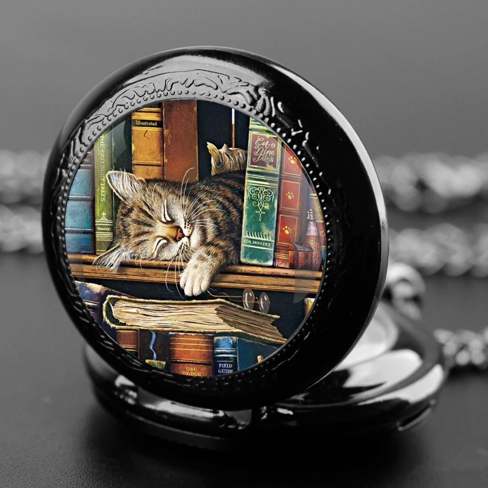 Sleeping Cat Design Glass Dome Quartz Pocket Watch With Durable Chain Arabic Numeral Dial For Men And Women Creative Gifts