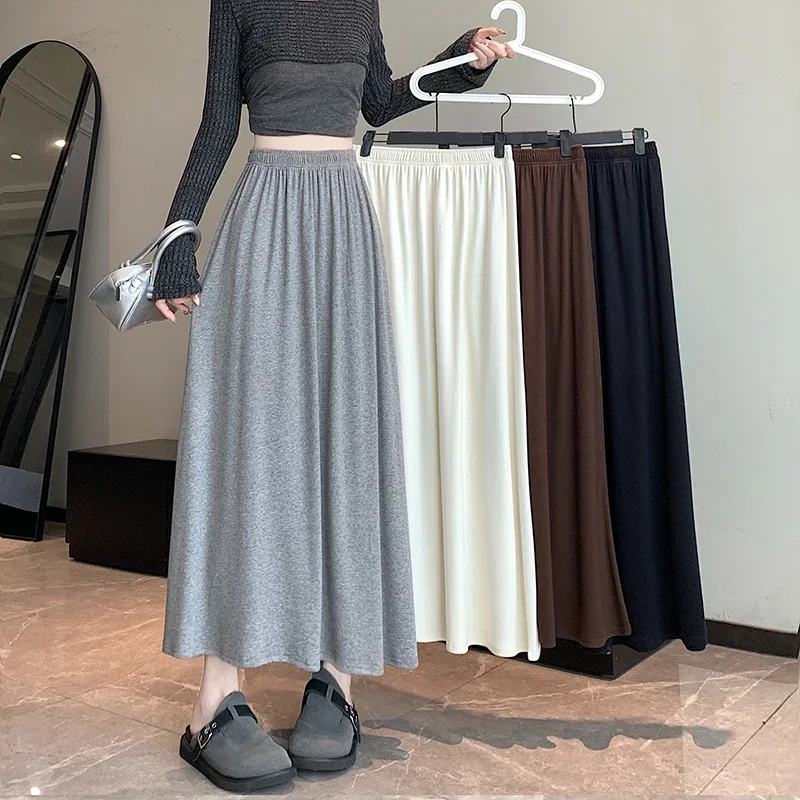 New Cotton Skirt Korean Style High Waist Slim A-line Long Maxi Skirt Casual Streetwear 2024 Autumn Winter