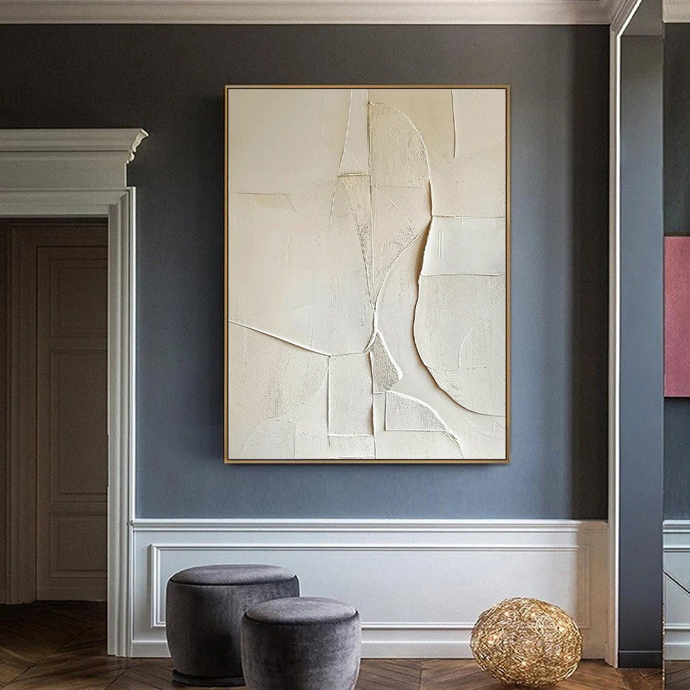 Pintura minimalista branca cremosa grande bege textura 3d arte de parede bege e branco abstrato pintura a óleo moderna wabi sab