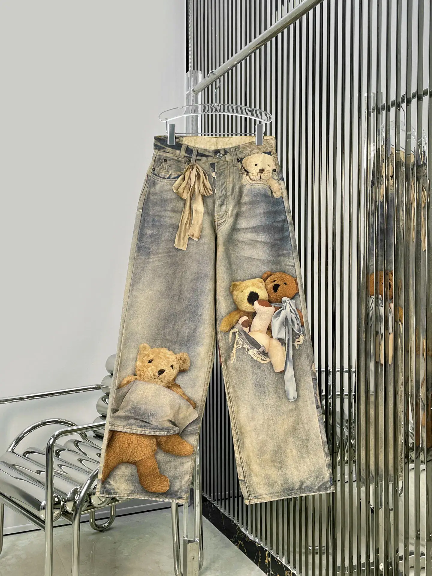 

Новые женские джинсы 2026 года с 3D-принтом: милый мультяшный медведь и бантик, повседневные широкие брюки в уличном стиле