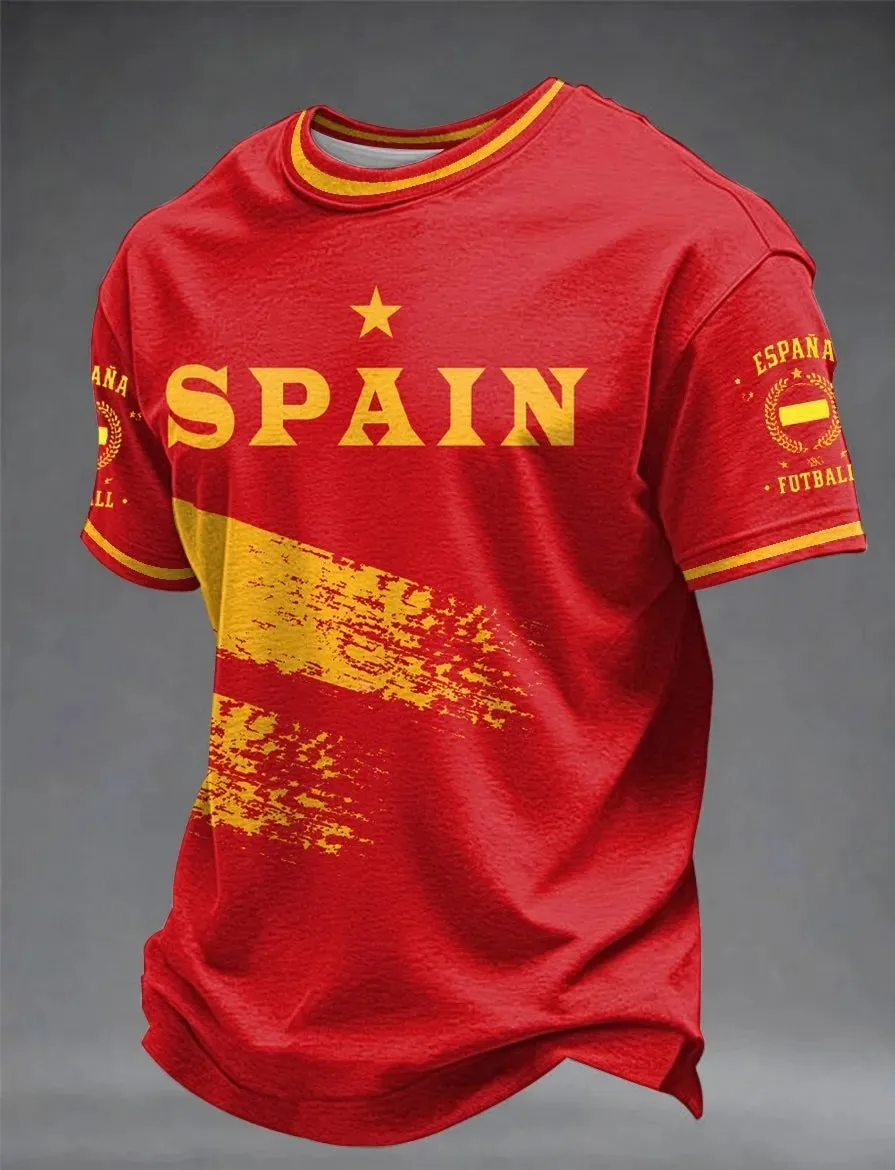 Camiseta Nueva 2026 con Bandera de España Bordada e Impresa en 3D, Camiseta Casual de Calle de Fibra de Poliéster para Hombre, Camiseta Deportiva de Manga Corta