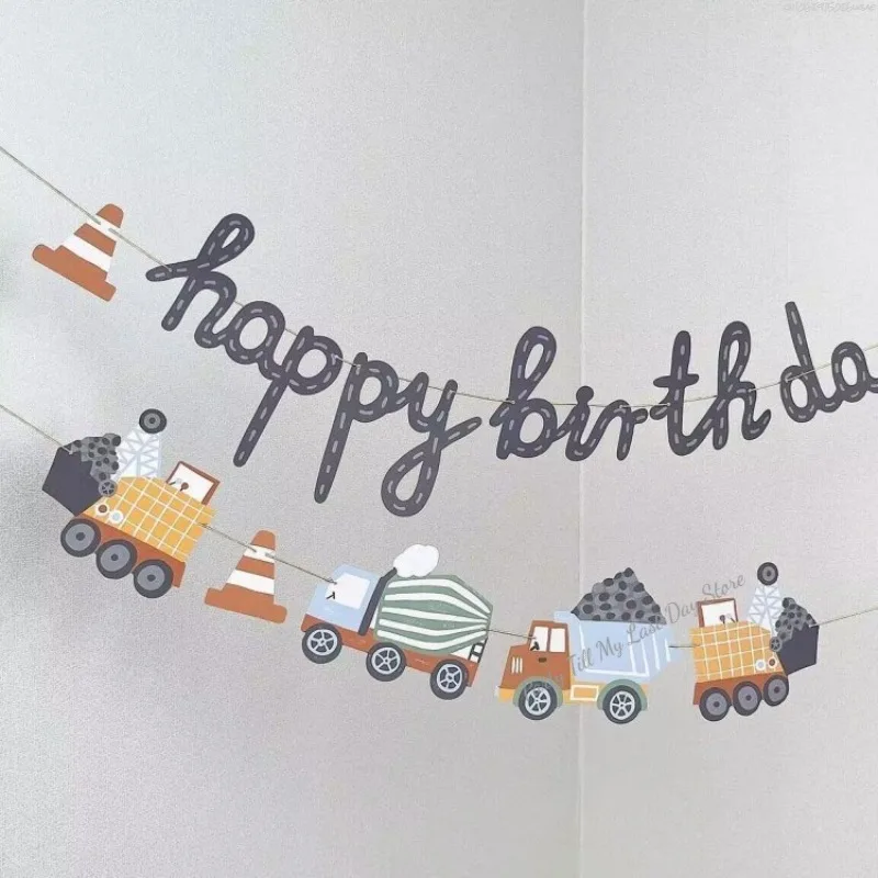 Building Construction Themed Happy Birthday Banner Party Decoration Tractor Excavator Flag Kids Boys Party Supplies Baby Shower