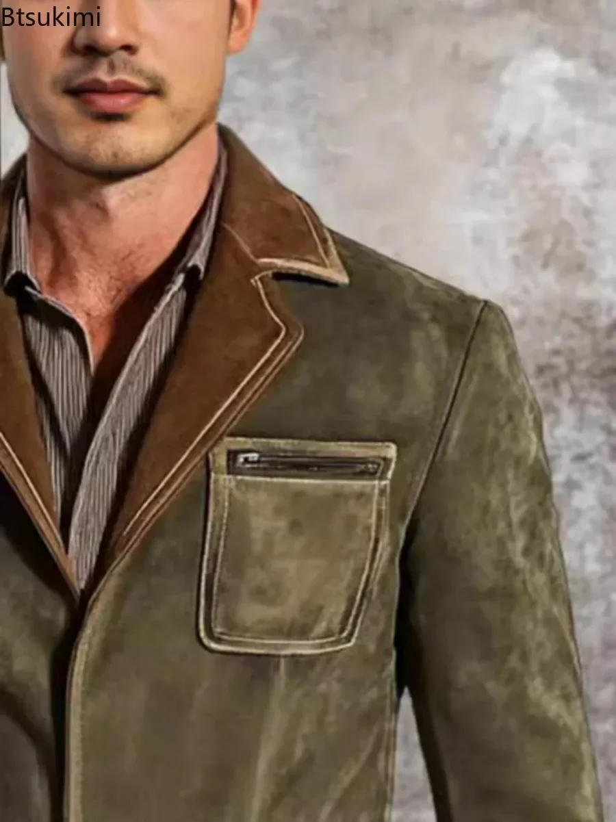 Men's Vintage Patchwork Lapel Buttoned Jackets Fashion Pockets Velvet Jacket Coat Mens Autumn Winter Stylish Outdoor Coats Male