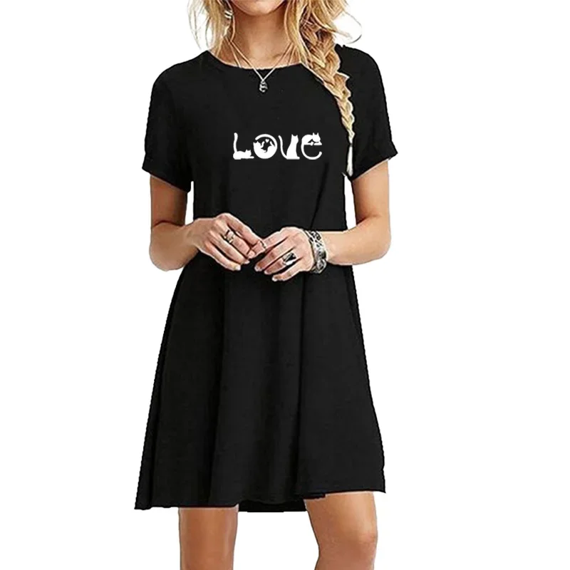 Nuovo vestito donna estate cartone animato lettera d'amore gatto stampato O collo solido t-shirt vestito Sexy Mini abito femminile abbigliamento Casual da spiaggia