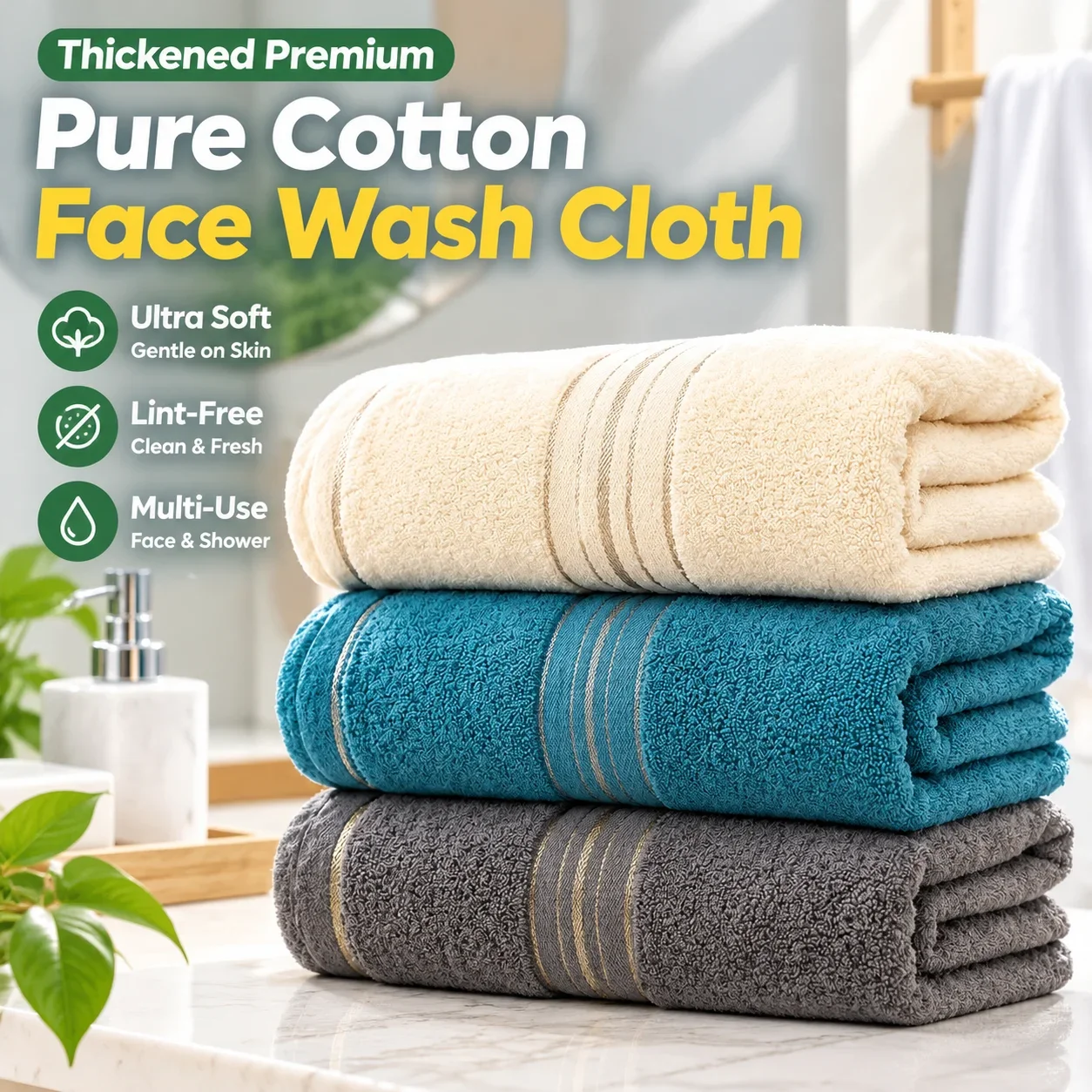 Thickened Premium Pure Cotton Face Wash Cloth, Soft Lint-Free Household Towel for Daily Facial Wiping and Bathroom Shower