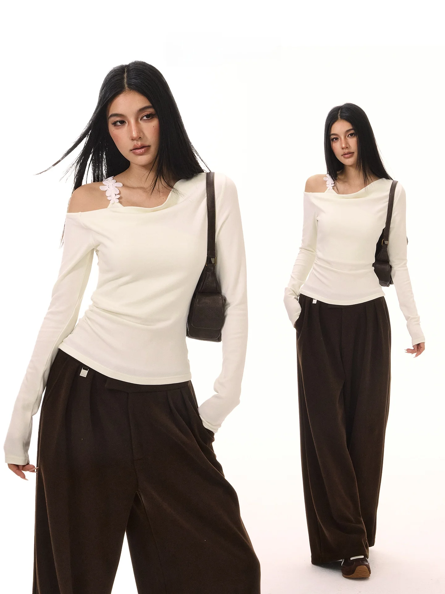 

ACMEAURA Pure Desire: Женская осенняя футболка с открытыми плечами и длинным рукавом, уникальный топ с вырезами на талии, базовая модель, элегантный дизайн