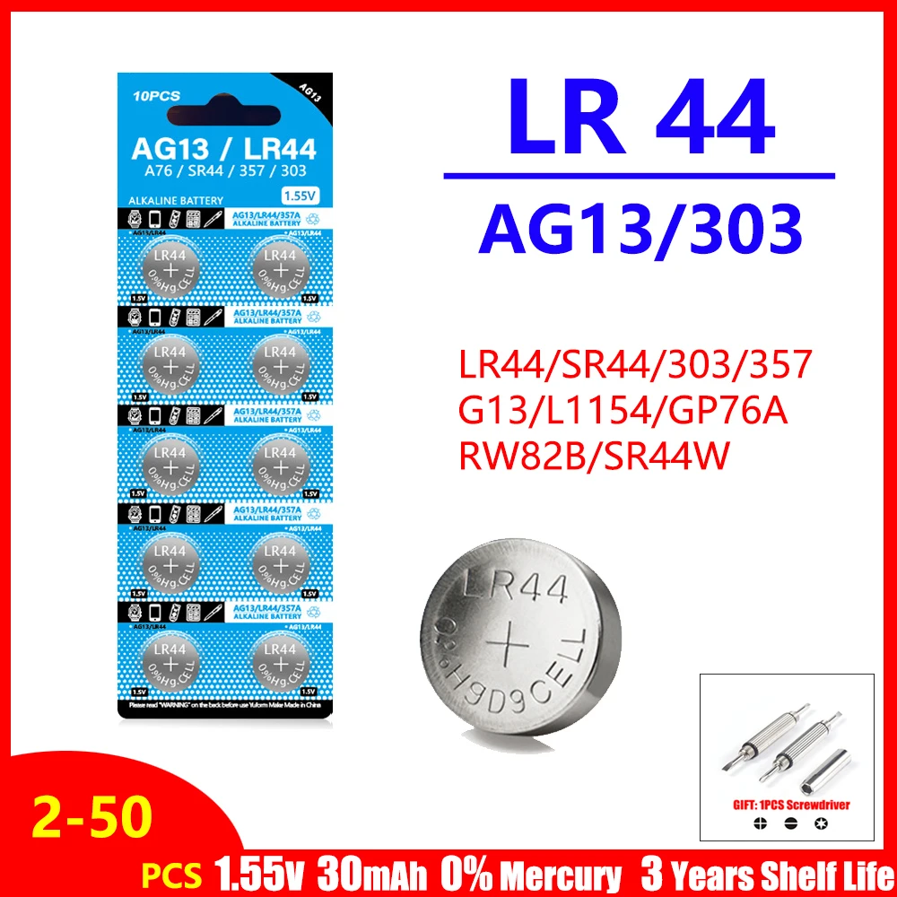 時計と車のキー用のag13ボタンセル、リモコン、電気玩具、lr44、a76、357、357a、lr1154、sr1154、sr44、gps76、2-50個