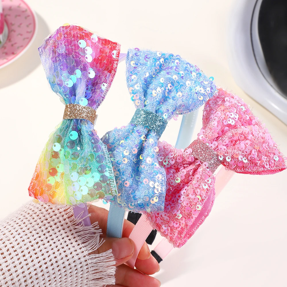 

3pcs Cute Sequin Hair Bows Headbands for Girls 4inch Glitter Bows Hairbands Kids Hairhoops Children Hair Accessories
