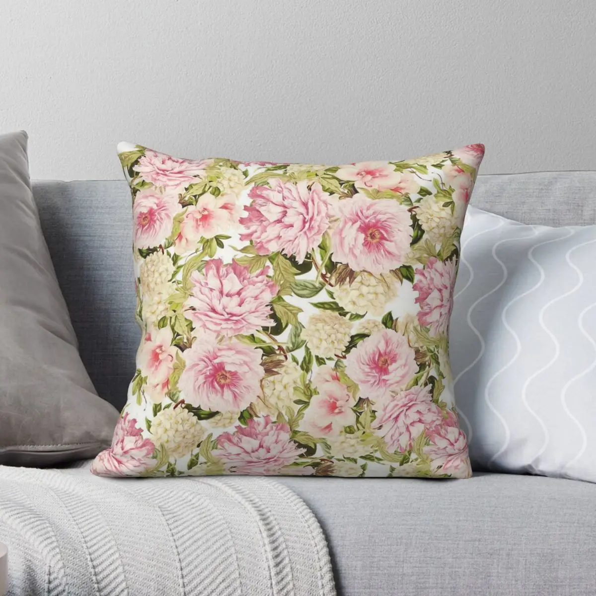 Vintage Peonies Hydrangeas Square Pillowcase Polyester Linen Velvet Pattern Zip Decorative Throw Pillow Case Room Cushion Cover