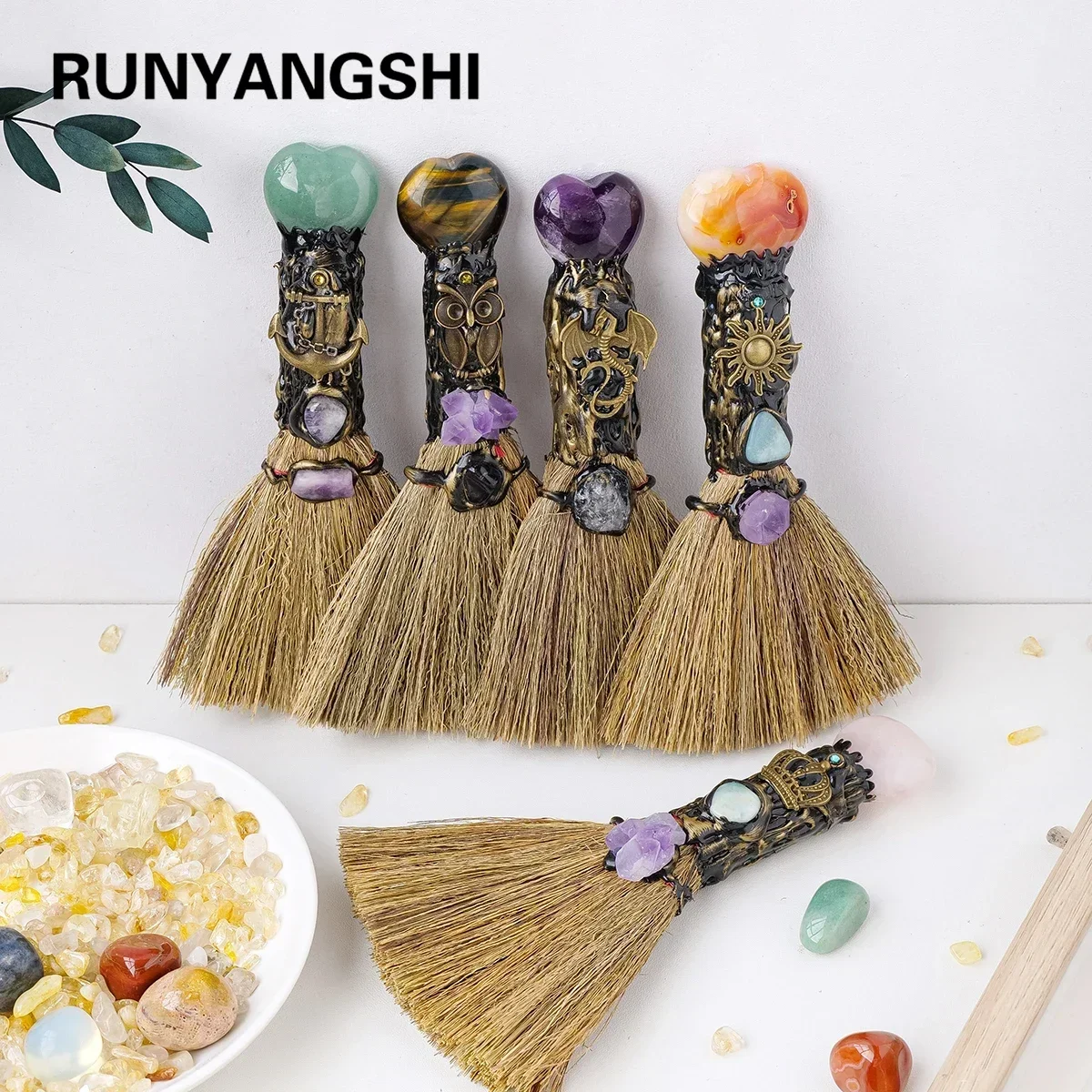 

2026 Exclusive Hot Item Natural Crystal Witch Broom - 1pc Rose Quartz Amethyst Inlaid Healing Ore Column Artwork Decoration