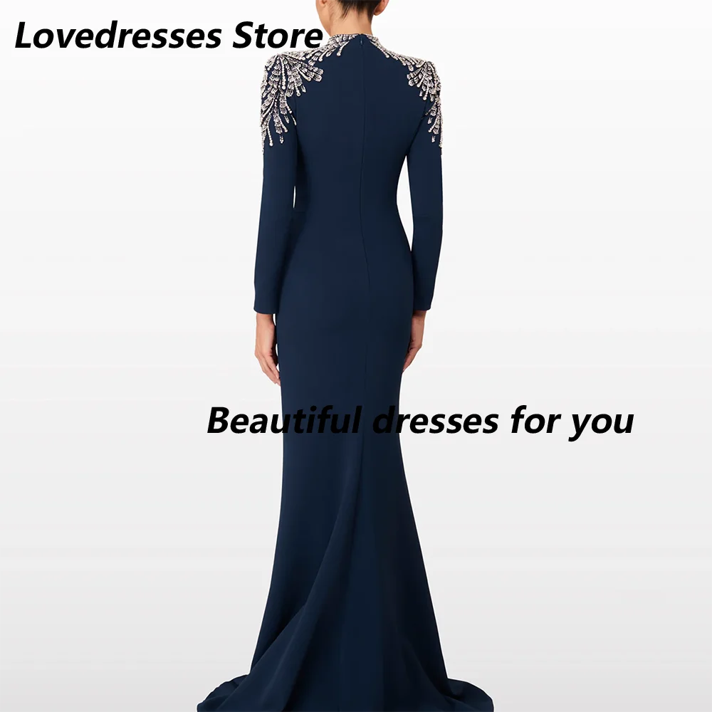 Granatowa Sukienka Wieczorowa Luksusowe Kryształki Długie Rękawy Syreni Krój Suknie Ślubne na Przyjęcia Dekolt O-Neck Trąbka Skromne Sukienki Formalne na Przyjęcia Szyte na Miarę