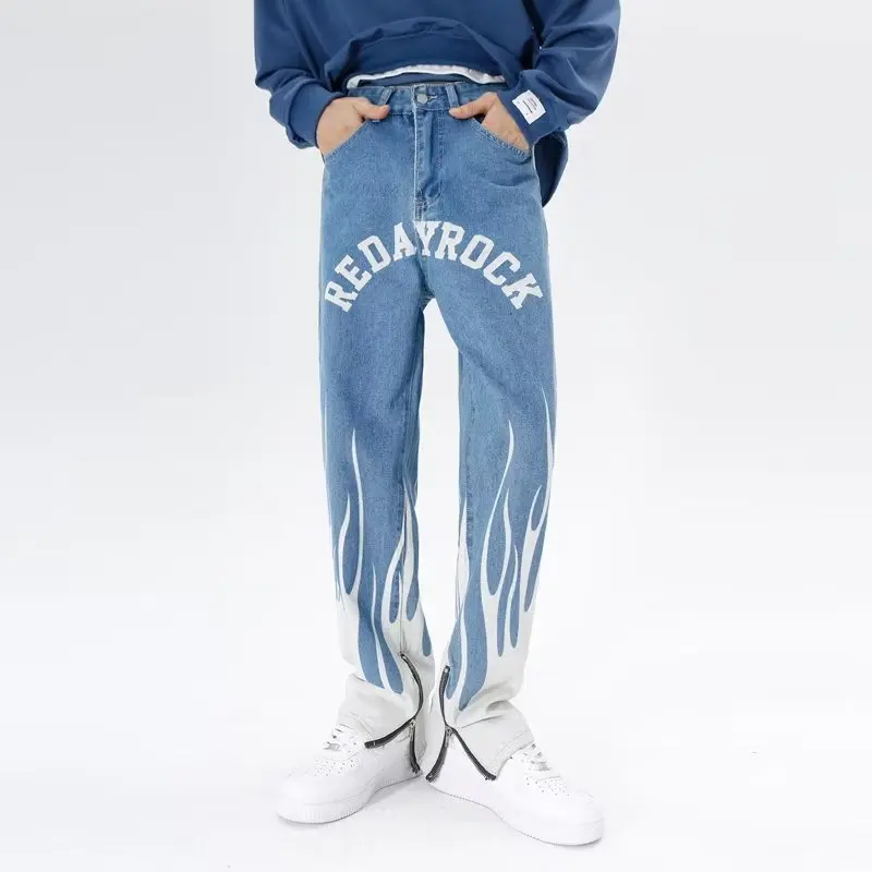 

2023 Cyber Y2K Flame Graphic Blue Baggy Jeans Pants Men Clothes Straight Korean Casual Foot Zipper Denim Trousers Pantalon Homme