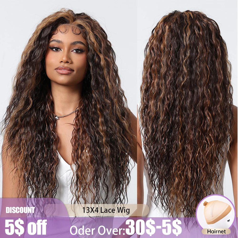 13x6 Transparant Kant Frontale Pruiken Braziliaanse Lange Afro Kinky Krullend Pruik Bruin Goudblond Diepe Golf Pruiken voor Zwarte Vrouwen 28 inch