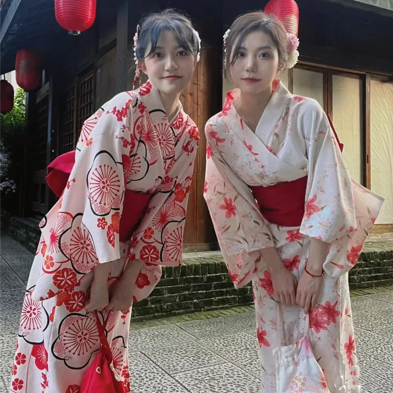 Women's Japanese Traditional Yukata Kimono with Red Obi Flower Printed Haori Cosplay Bathrobe Stage Performance Show Costume