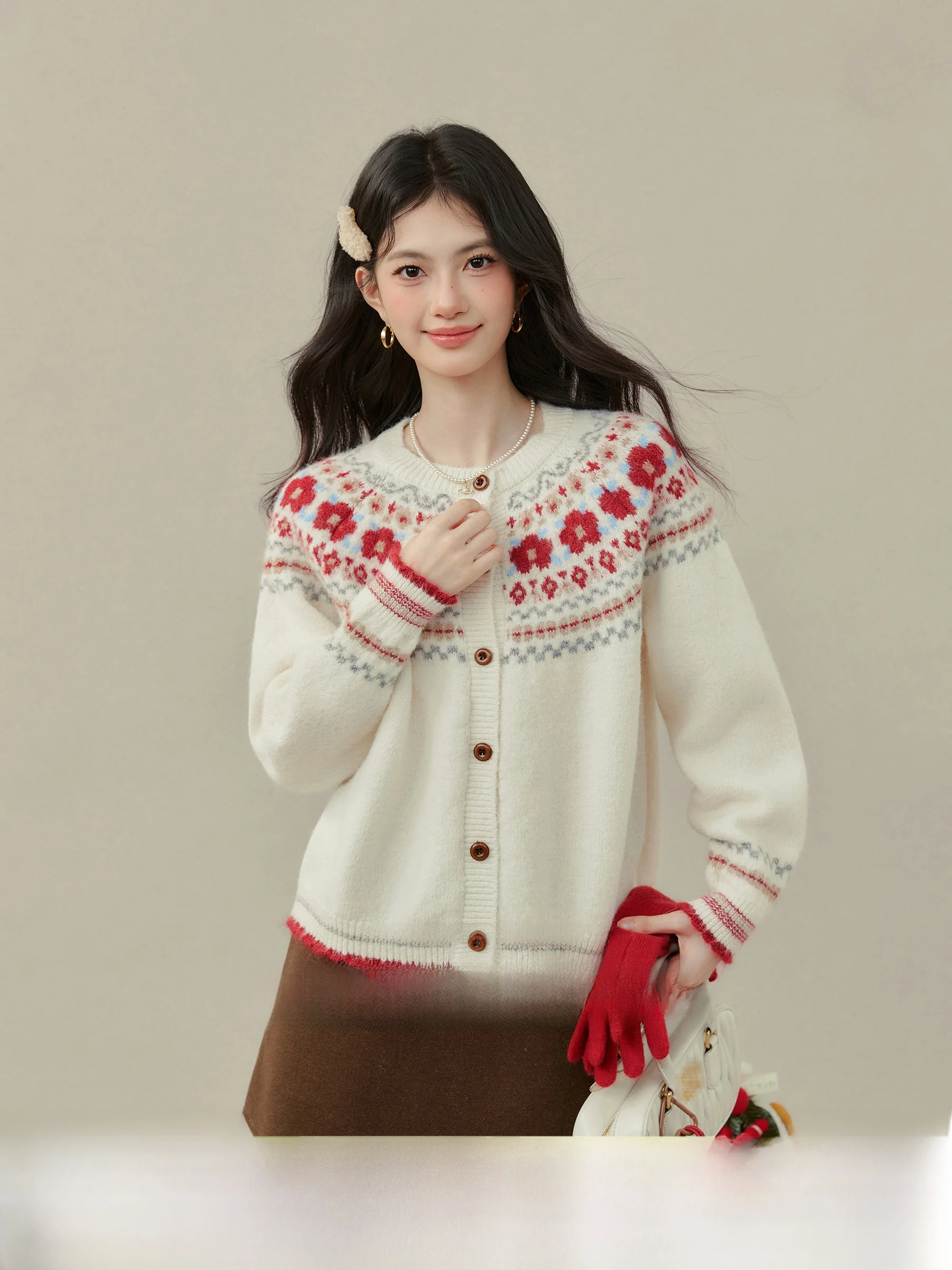 

Cisas Knitted Sweater Cardigan plus Size Casual Sle Soft Fabric Fairy Island Patterned Long Sve round Ne Warmth Em...