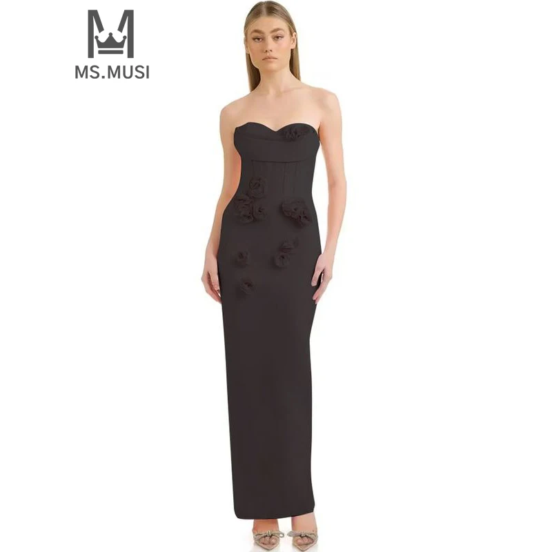 

MSMUSI 2024 New Fashion Women Sexy Strapless Floral Draped Sleeveless Backless Bandage Bodycon Party Club Event Maxi Dress Gown