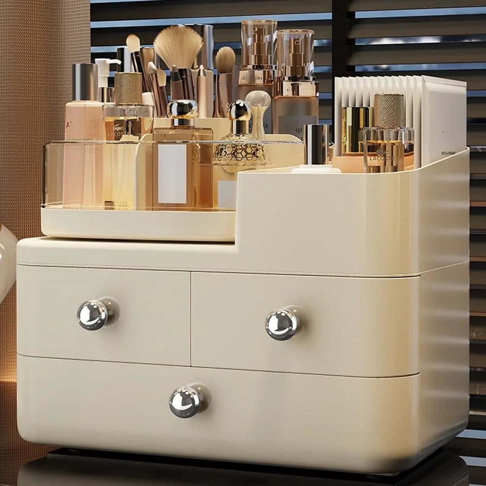 

360° Rotating Dustproof Makeup Organizer Cream Series Large Capacity Makeup Brush Holder with Drawers Space-Saving