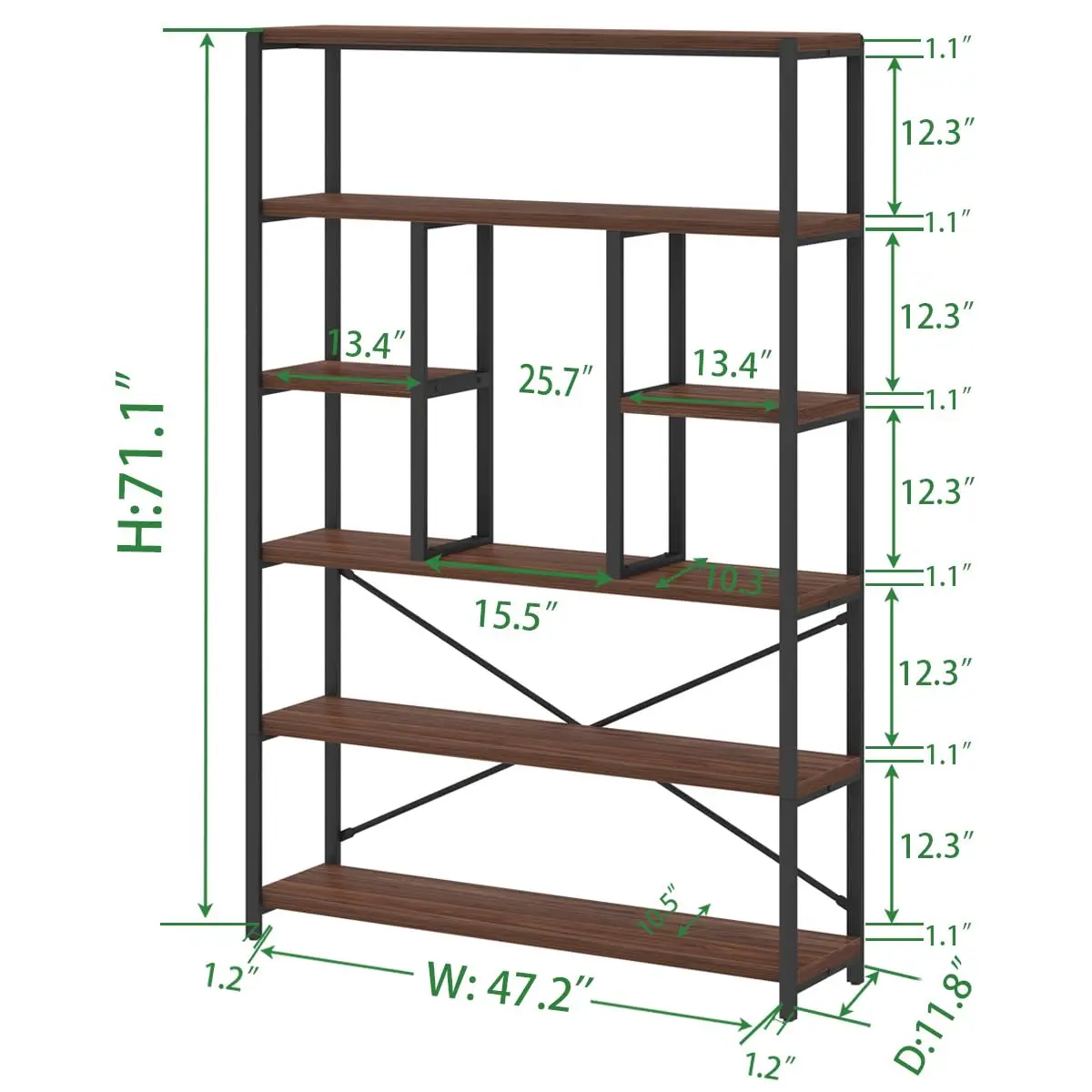 6 Tier Industrial Bookshelf for Bedroom Living Room Office, Walnut, Customized
