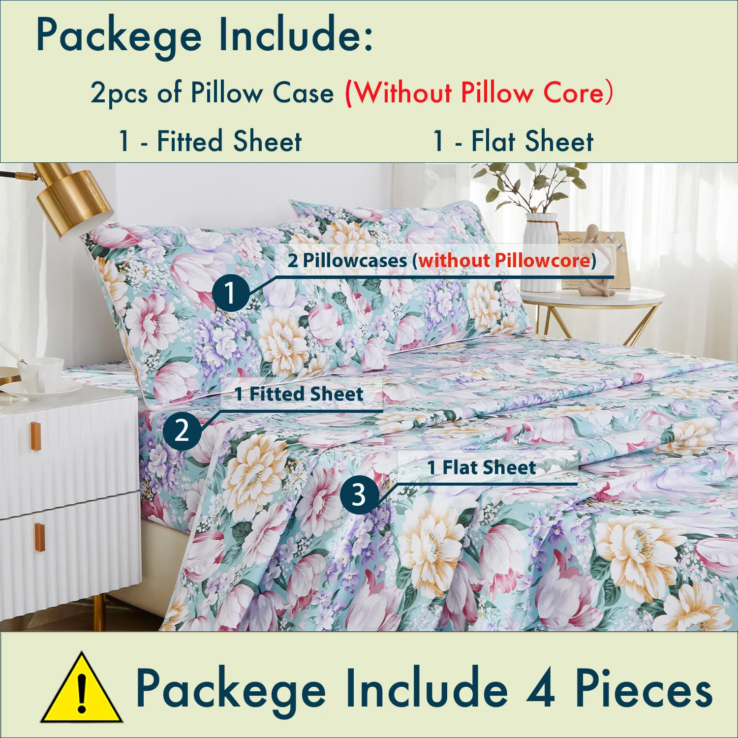 4pcs 600 TC 100% Egyptian Cotton Fitted Sheet Set (Without Core), Garden Flower Print, Soft Breathable And Skin-friendly