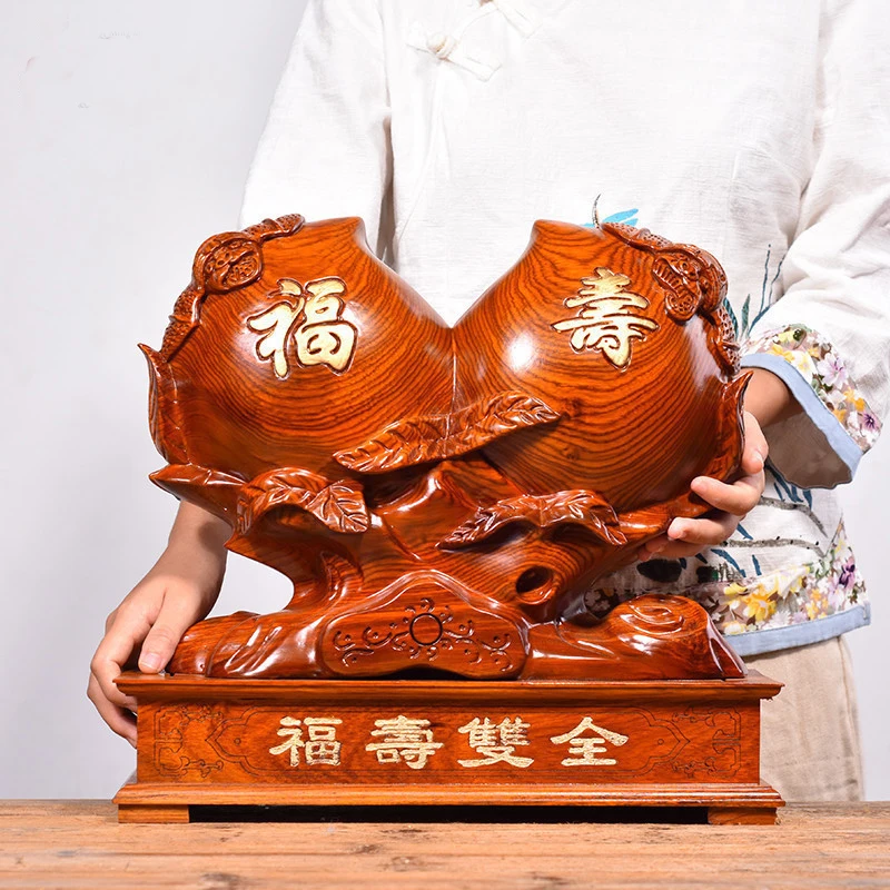 38CM Large GOOD gift HOME Spiritual Mascot # FU SHOU SHUANG QUAN Handmade Rosewood carving Longevity Peaches FENG SHUI statue