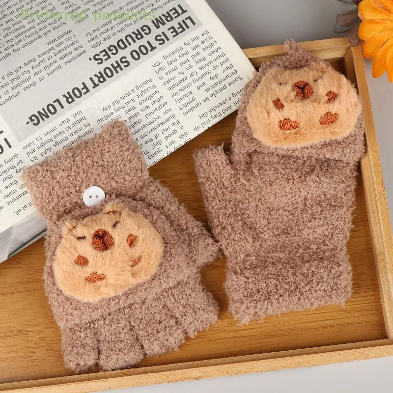 

Детский рождественский подарок, теплые плюшевые перчатки с героями мультфильмов «Капибара», откидной верх с половиной пальца; Холодостойкие для зимней погоды