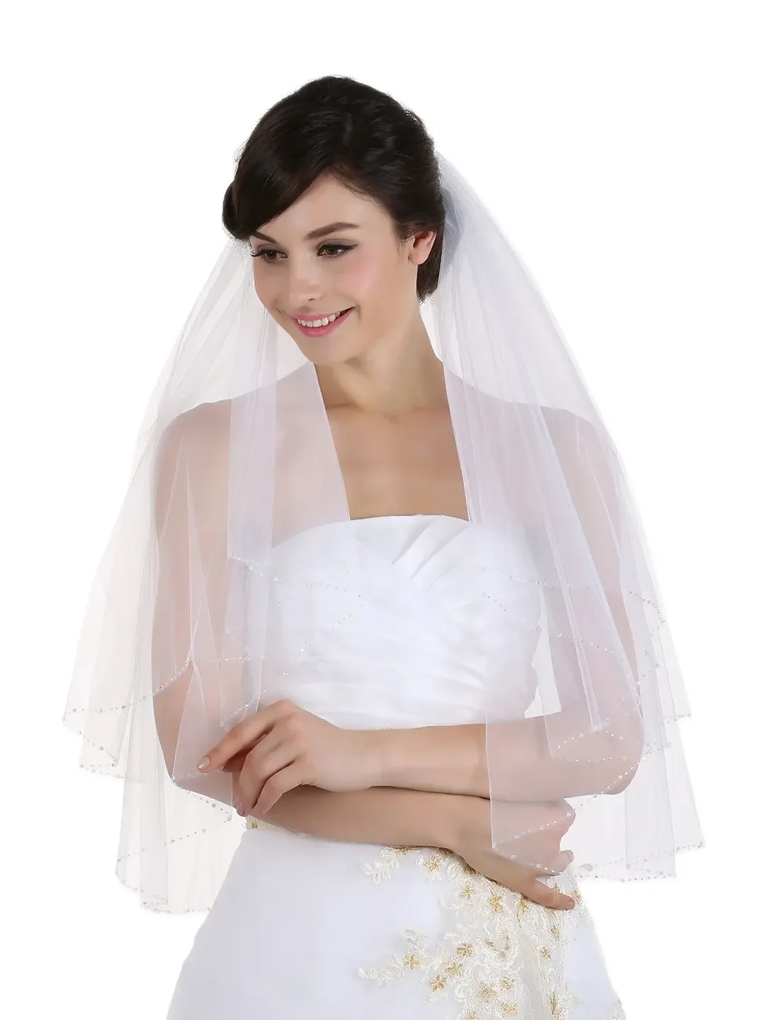 

2T 2 Tier AB Crystal Beaded Edge Bridal Wedding Veil 2022