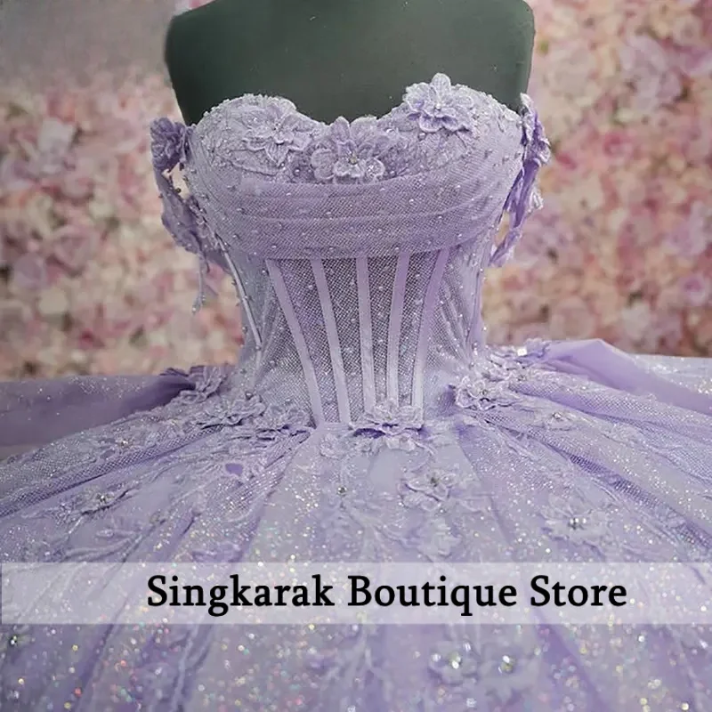 

Lilac Glitter Crystal Ruffles Quinceanera Dresses Ball Gown Off The Shoulder Appliques Lace Sweet 15 Años Mexican Customized
