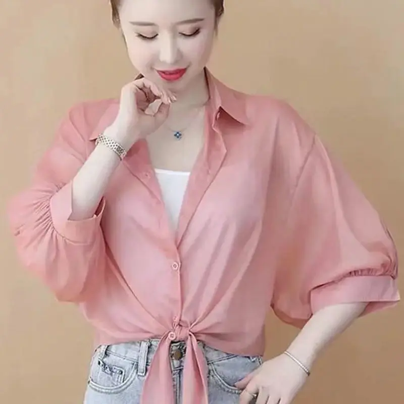 

Fashion Lapel Button Solid Color All-match Bandage Shirt Women's Clothing 2023 Summer New Casual Tops Loose Office Lady Blouse