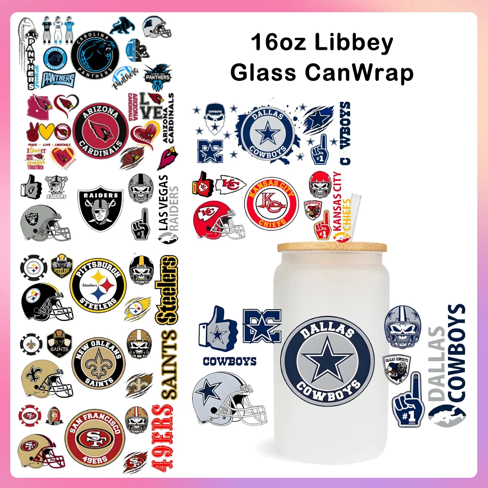 Rugby Sports Football fashion l per Libbey 16oz Can Glass 3D Waterproof UV DTF Coffee Can Wrap Libbey Glass Wrap