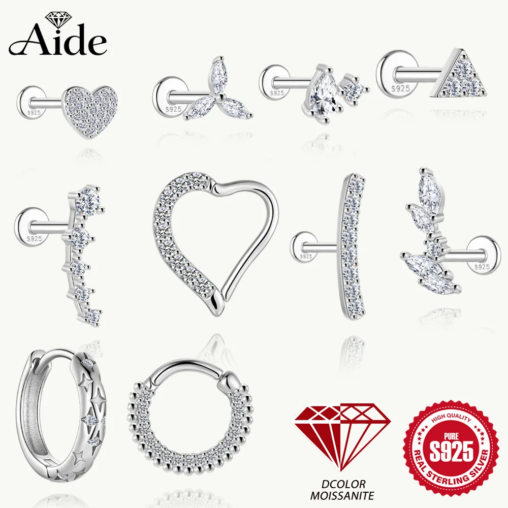 

AIDE Moissanite 925 Sterling Silver Leaf Clover/Heart for Women Flat Back Piercing Earrings16G Stud Helix Star Hoop Fine Jewelry