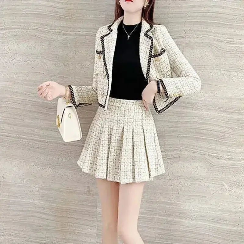 Summer Outfit Mini Woolen Cloth Suit with Skirt and Blazer Womens Short 2 Sets 2024 Long Sleeve Two Piece Set for Women Festival