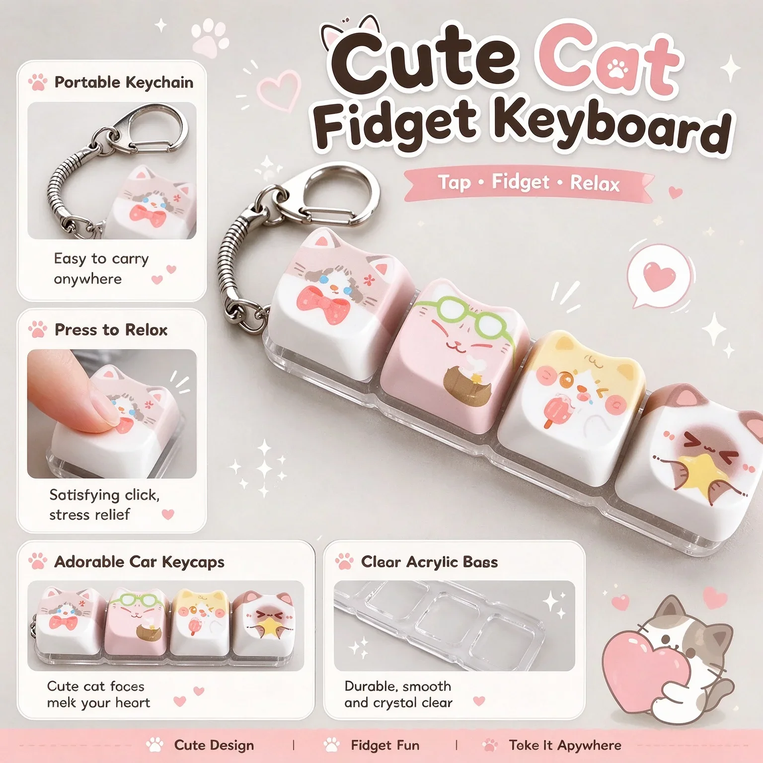 Various 4-Key Cat Keyboard Fidget Toy Relax Button Keycap Portable Keychain Fashion Bag Pendant Button Decompression Toy 딸깍이 키체인