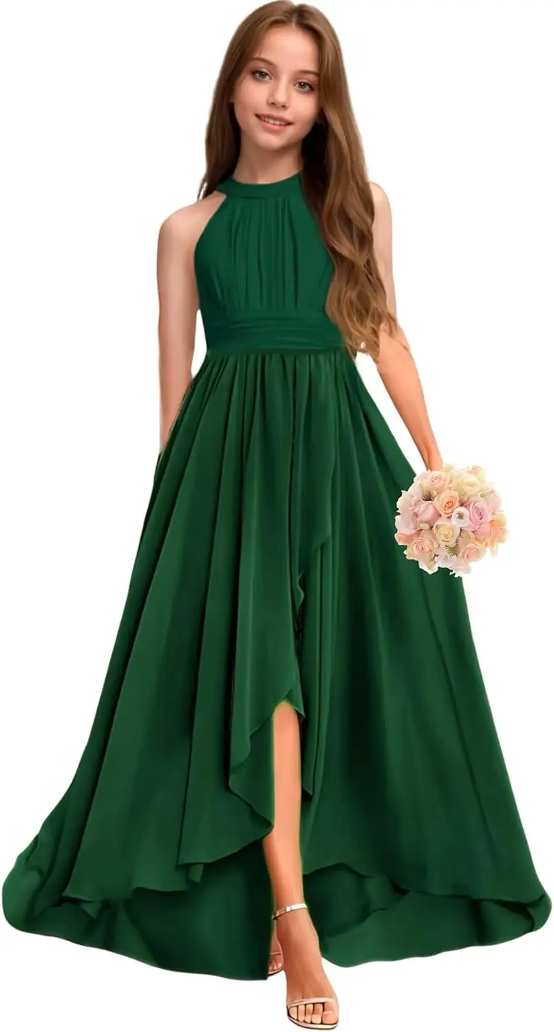 Шифоновое платье трапециевидной формы для подружек невесты, плиссированное платье с цветочным узором для девочек, вечернее вечернее платье с высоким и низким вырезом на свадьбу