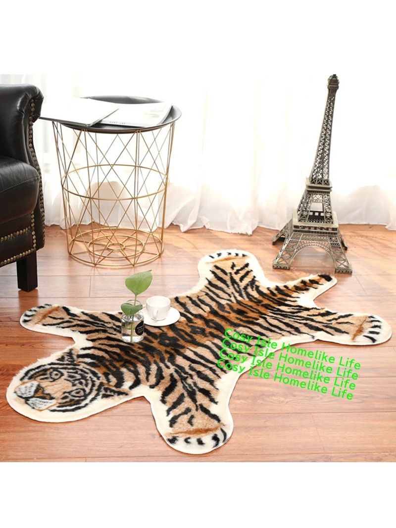 Tiger Pattern Rug 80x105cm Bedroom Bedside Mat Animal-patterned Imitated Leather Short Wool Sofa Floor Mats Antiskid Washable