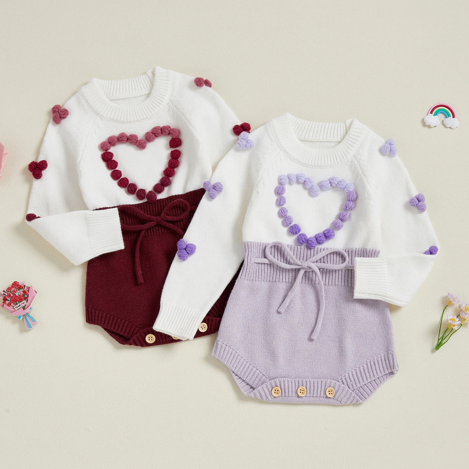 

Tregren От 0 до 24 месяцев вязаный комбинезон для маленьких девочек, милый меховой шарик, комбинезон контрастного цвета с круглым вырезом и длинными рукавами, осенне-зимняя одежда