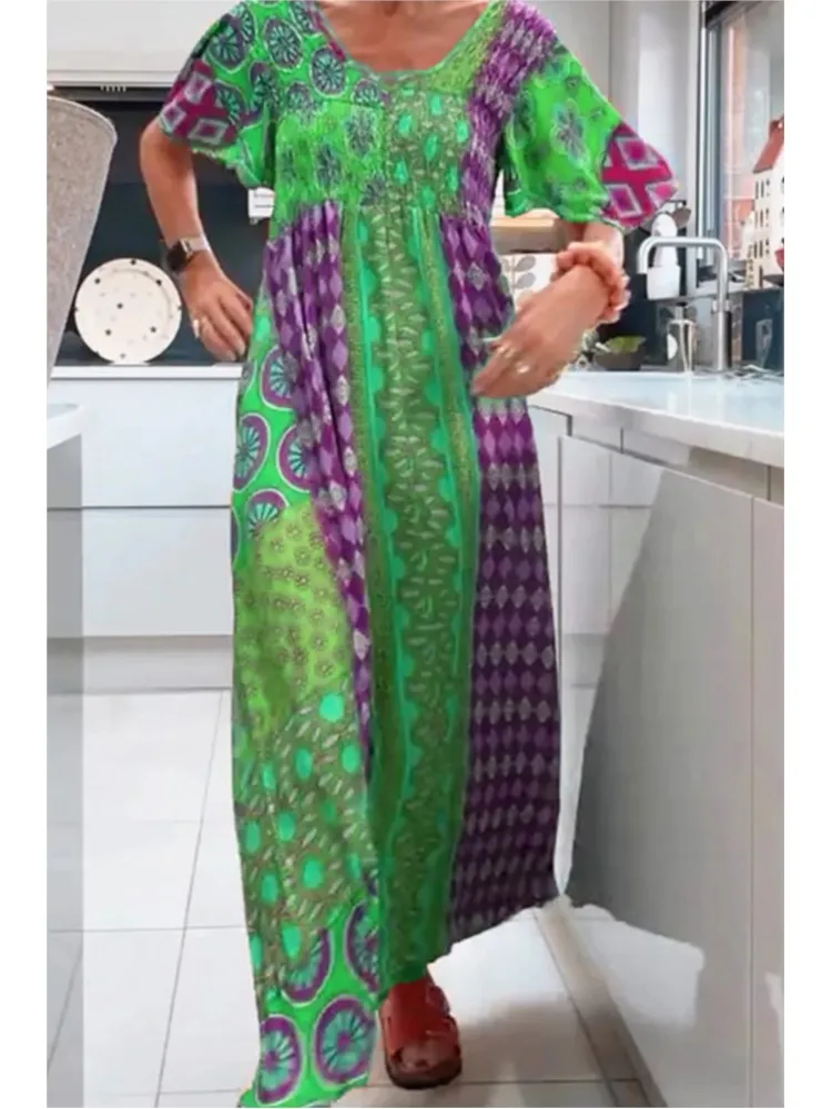 

Spring Woman New Retro Elegant Printed V-neck Bohemian Dress High Waisted Leisure Loose Dresses Vestidos Party Long Dresses