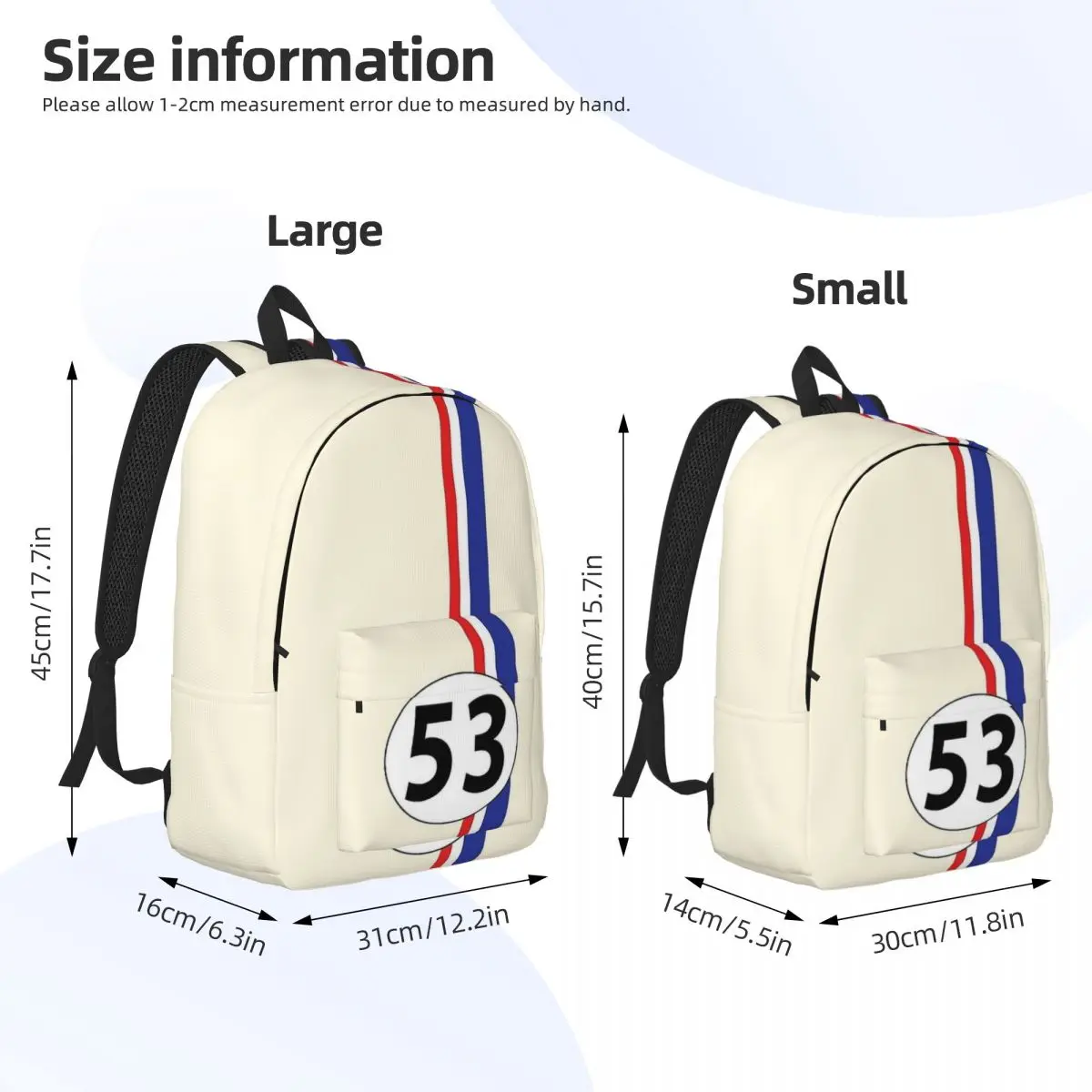 Herbie Number 53 Fashion Backpack with Pocket Student Business Race Car Enthusiasts Stripe Daypack Men Women Laptop Shoulder Bag