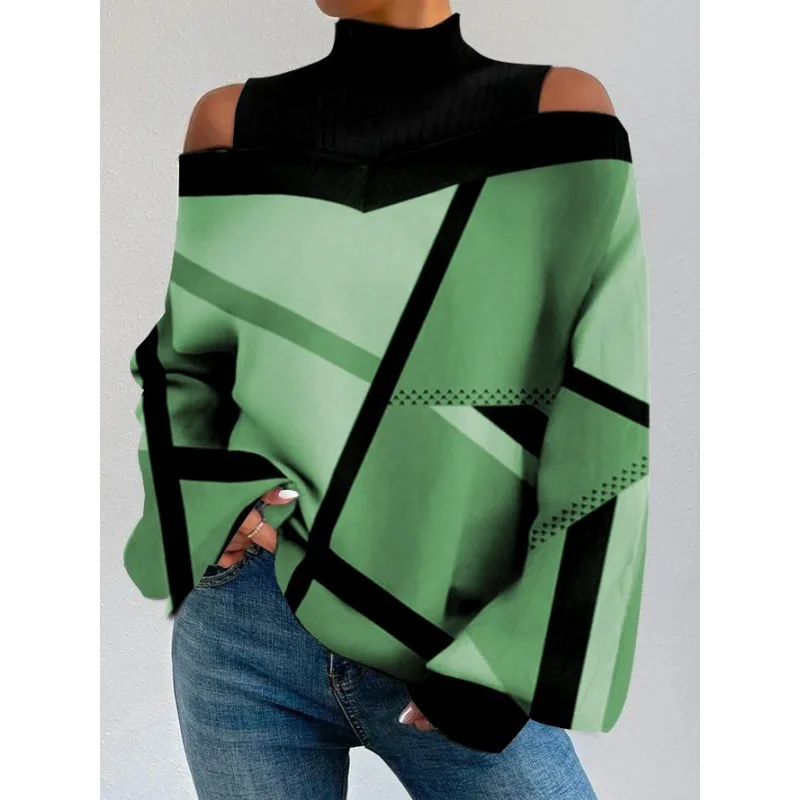 Ladies Long Sleeve Turtleneck Tops Women Sexy Off Shoulder Hollow Out Loose Printing T-shirt 2024 Autumn Fashion T-shirt Top